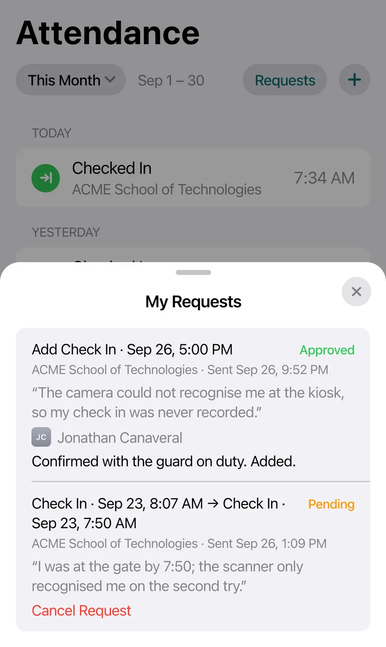 My Requests: an approved request to add an entry, with who decided it and their remarks, and a pending change request with a Cancel Request button