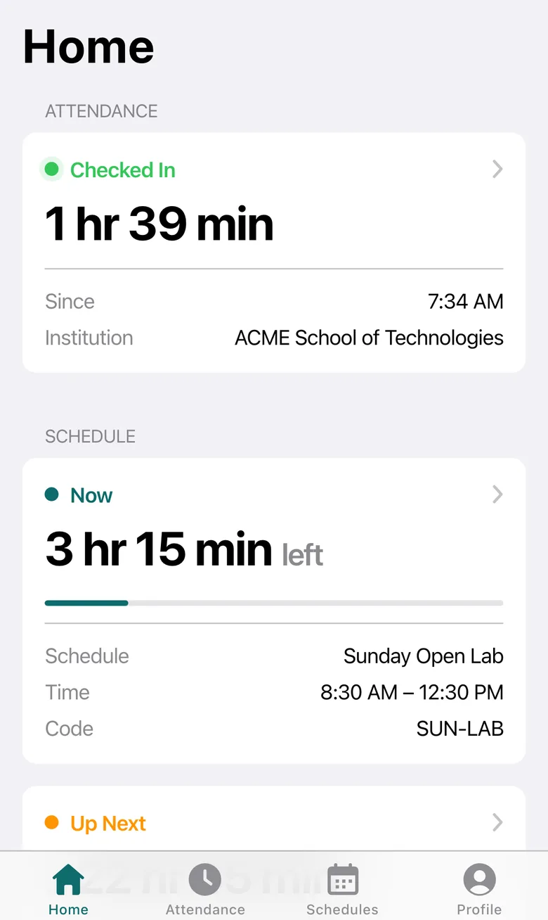 The Zentril Home screen on a phone: Checked In for 1 hr 39 min since 7:34 AM at ACME School of Technologies, and a Now card for Sunday Open Lab with 3 hr 15 min left